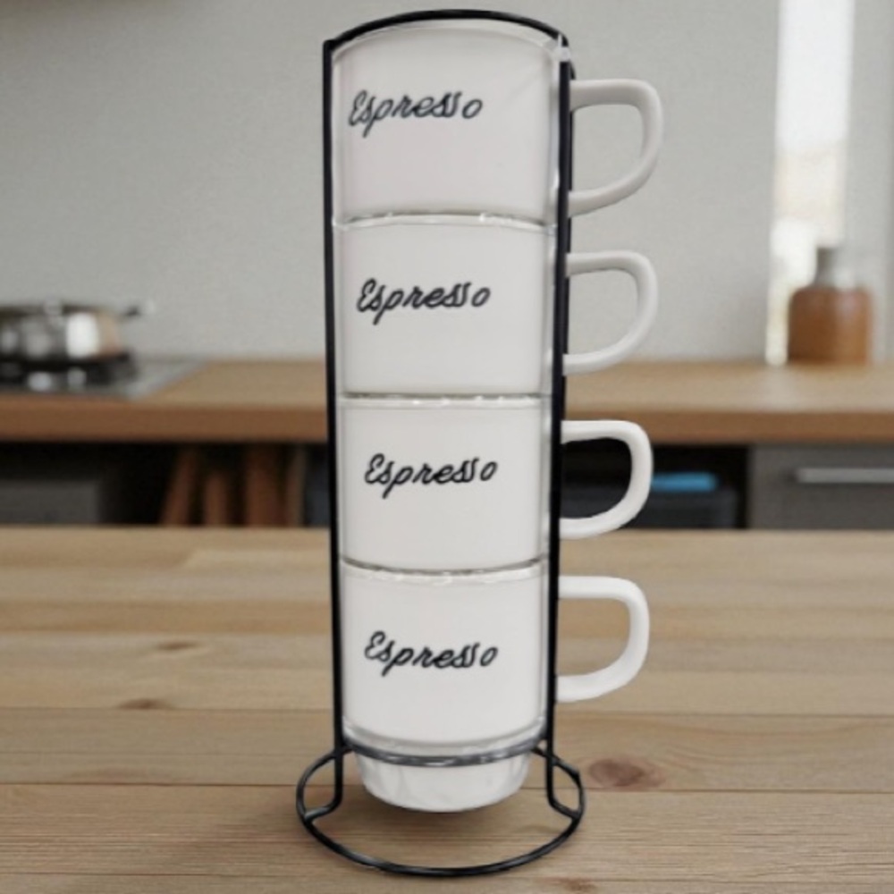 NWT Espresso Stackable White ceramic Mugs Set includes the stand